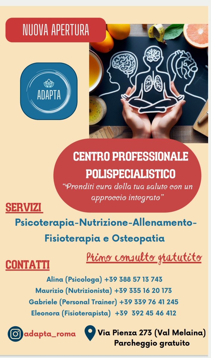 Siamo felici di annunciare la nuova grande #apertura del progetto #Adapta, dove fisioterapia, osteopatia, nutrizione, psicologia e personal training collaborano insieme per implementare la salute 🤝.
Ti aspettiamo nel nostro studio per una presa in carico globale 🌏🍏🏃🧠🦴