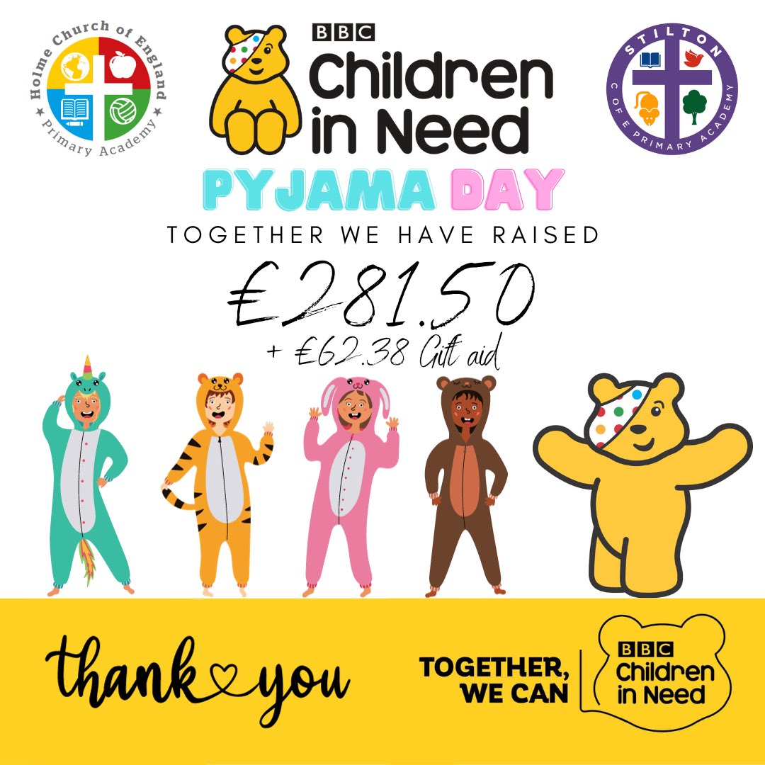 StiltonCofEPA's tweet photo. Thank you so much to everyone who donated to our Children in Need fundraiser. We raised an amazing £281.50 + £62.38 gift aid 🙌 @BBCCiN https://t.co/7bWyNghbG1
