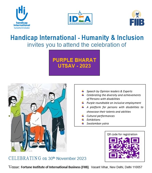 The @idea4newindia, Fortune Institute of International Business & our team in #India invite you to #PurpleBharatUtsav on 30 November in #NewDelhi to celebrate the #Diversity & achievements of Persons with Disabilities (PwDs) and promote #inclusion & #Accessibility for PwDs. #IDPD