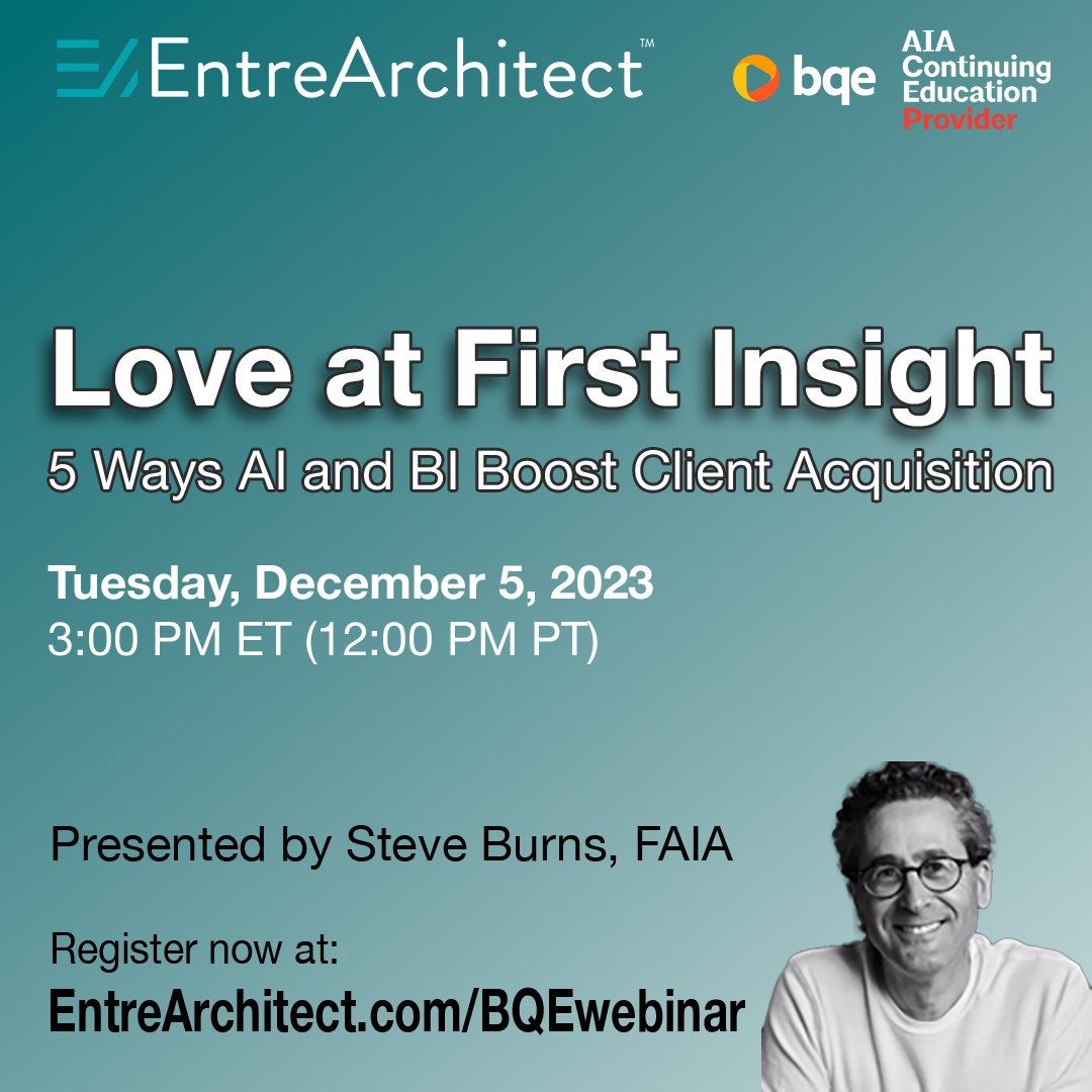 Includes 1 AIA CEU. Register for free. EntreArchitect.com/BQEwebinar @stevenburns will reveal how to use emerging tech and biz management tools, including AI platforms like Chat GPT, Bard, and Midjourney, to manage your firm effectively and tailor your sales and marketing endeavors.