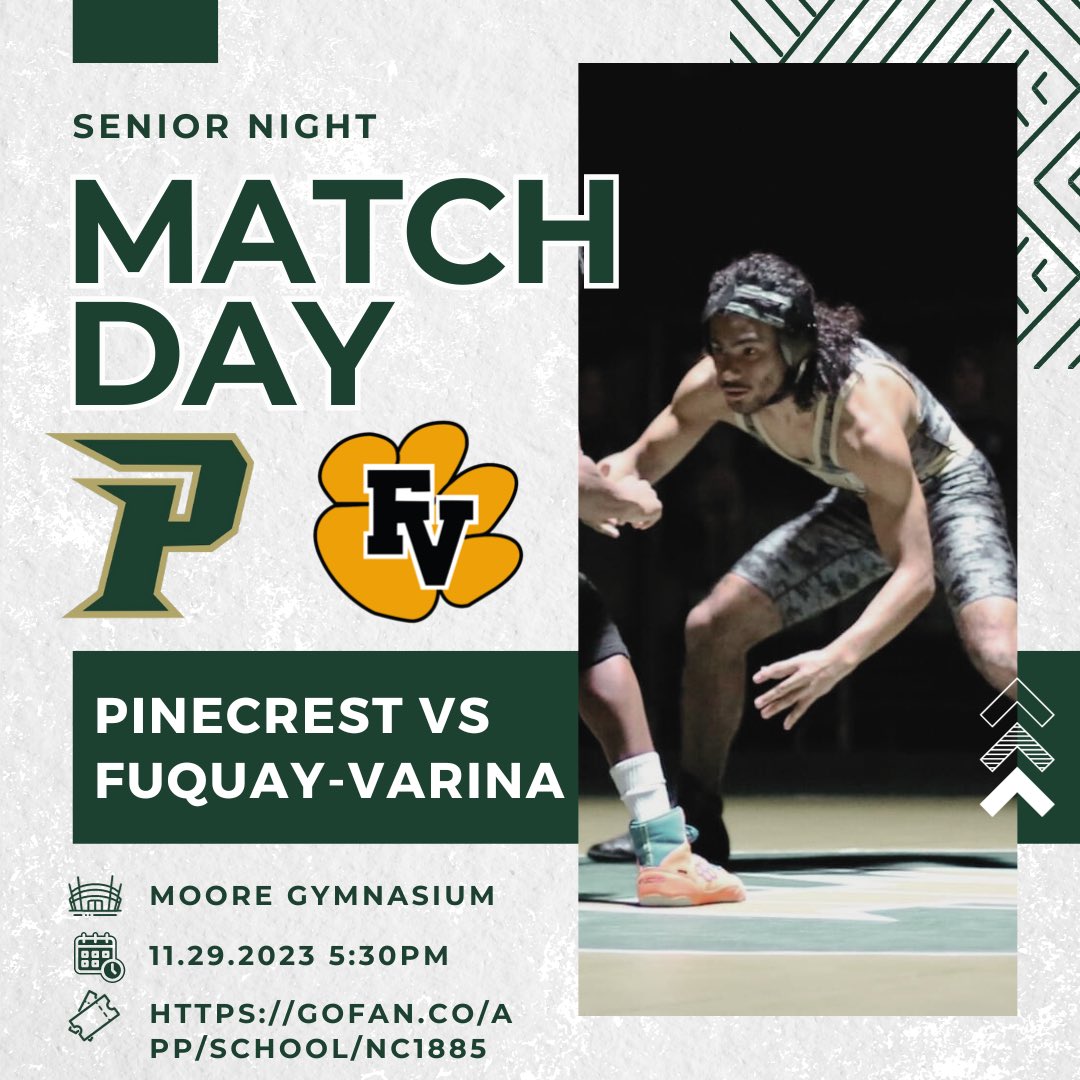 🤼‍♂️ MATCH DAY! 🤼‍♀️ Senior Night Vs. Fuquay-Varina 5:30pm/6:00pm James H. Moore Gymnasium Tickets: gofan.co/app/school/NC1…