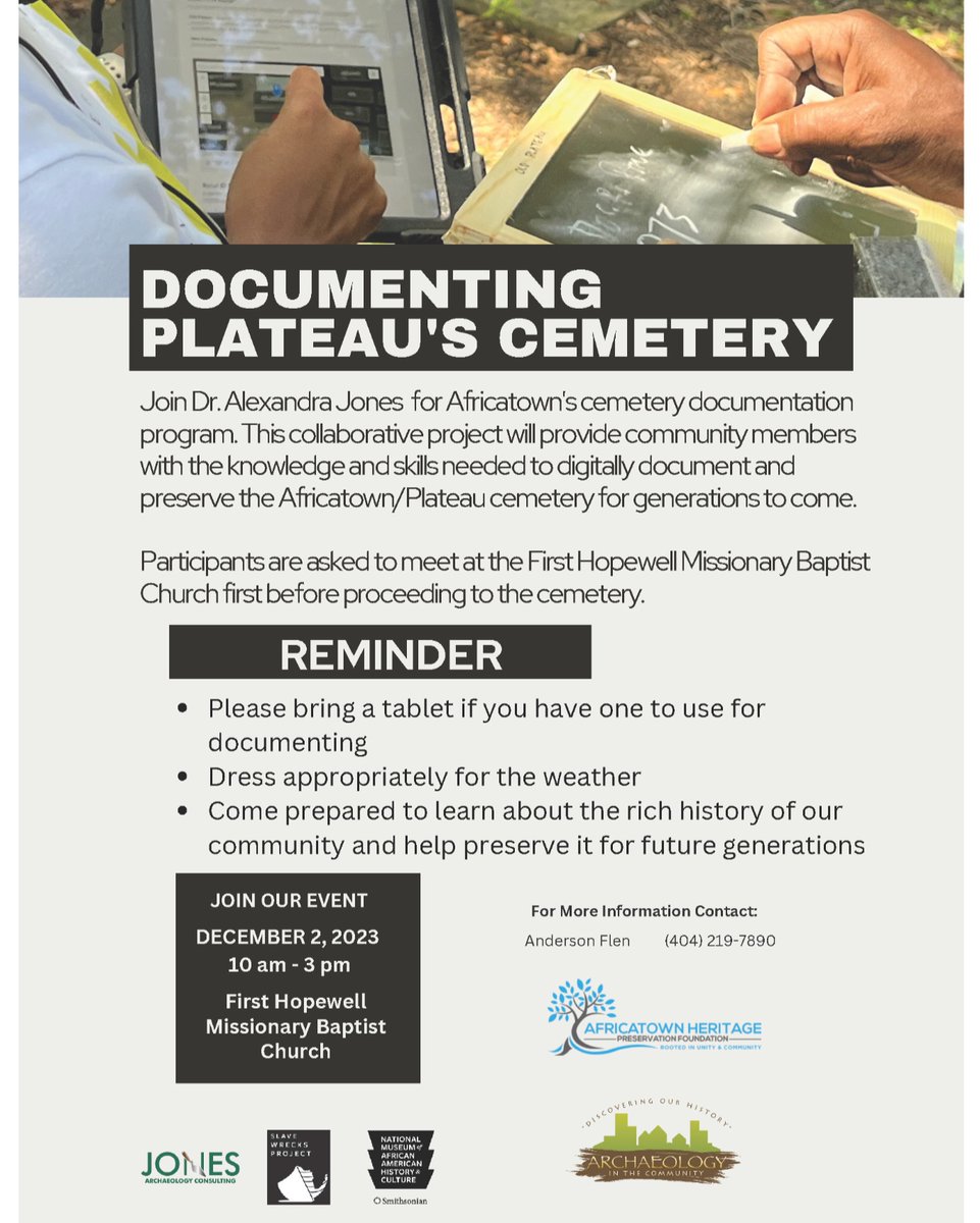 AITC, in partnership with Africatown Heritage Preservation Foundation and the Slave Wrecks Project of NMAAHC will be in Mobile, AL. Join us for a unique event featuring a custom digital cemetery documentation program created by CHARG in partnership with Jones Archaeology.
