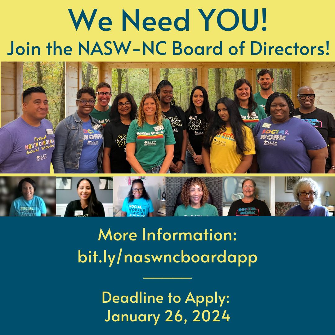 NASW-NC seeks engaged & passionate North Carolina members of NASW to serve on the Board of Directors! NASW-NC & the social work profession need you! Open positions include BSW Student Representative, MSW Student Representative, and Member at Large. More: bit.ly/naswncboardapp