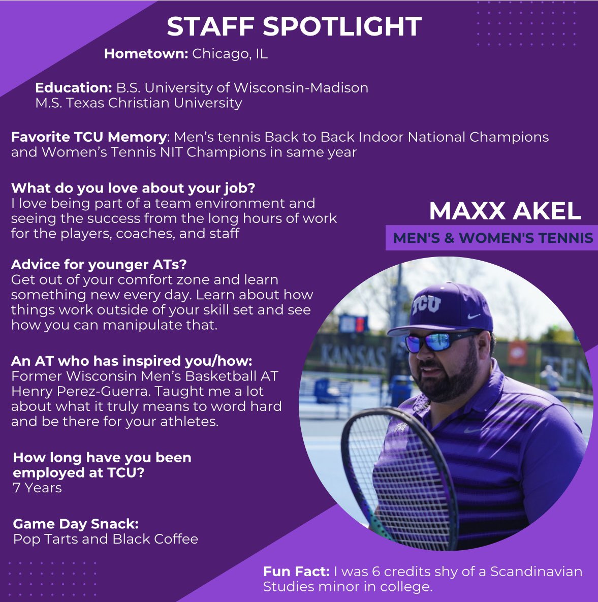 Next on our list to spotlight is our Men’s and Women’s Tennis Athletic Trainer✨Maxx Akel MLA, LAT, ATC ✨