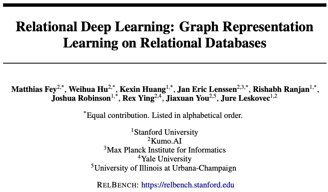 Relational Deep Learning is bringing the power of representation learning to relational databases and data warehouses. This breakthrough technology offers lots of opportunity for impact and raises exciting new research questions.
Check out the paper here: relbench.stanford.edu/paper.pdf