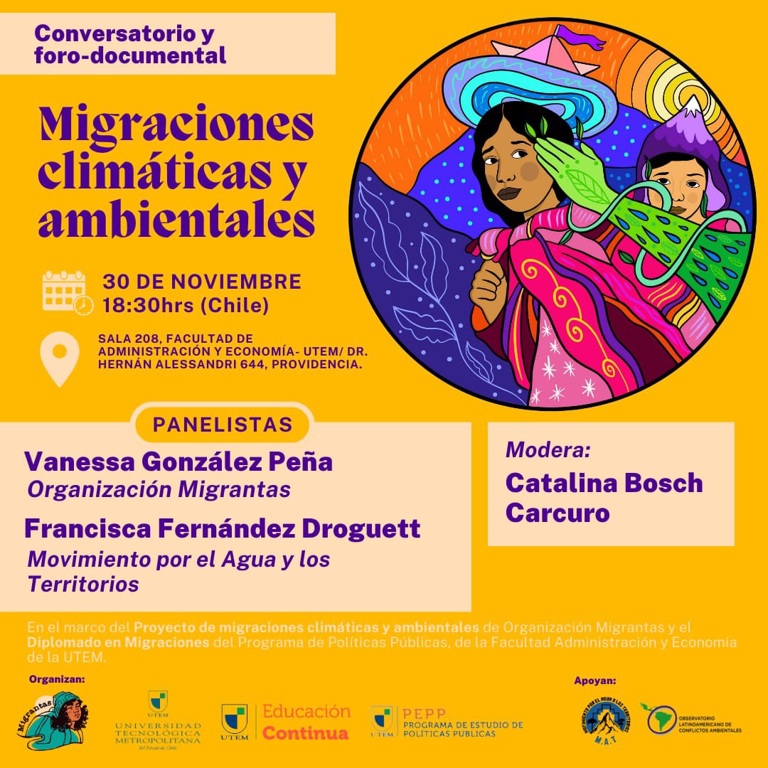 MigraFest's tweet photo. ¡No te pierdas el Conversatorio y Foro Documental sobre 🌿 👐 Migraciones Climáticas y Ambientales!

🗓️ Fecha: Jueves 30 de noviembre
🕡 Hora: 18:30 hrs
🏢 Lugar: Facultad de Administración y Economía de la Utem #MigrafestFestivaLIntercultural https://t.co/Jks2Icg2k5