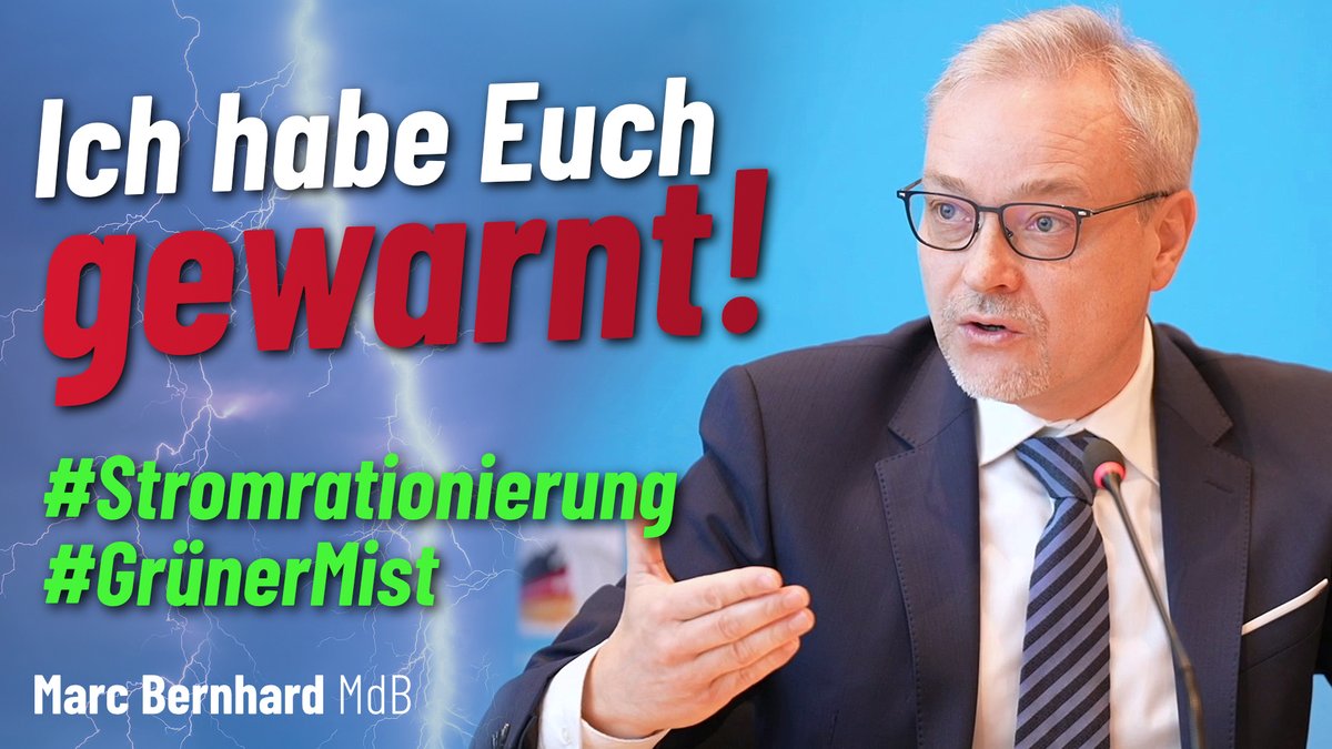MarcBernhardAfD's tweet image. „Wir haben kein #Stromproblem“? – #Strombegrenzungen ab Januar 2024 möglich!

Bald schon gibt es im „grünen“ Utopia #Strom wohl nur noch per Zuteilungsschein. Schluss damit, nur noch #AfD! 

#Stromrationierung 

👉 youtu.be/qrY8v_xiPlo