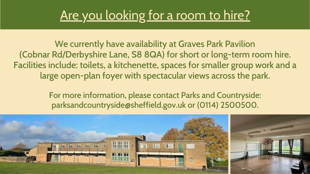 Did you know that you can hire rooms in Graves Park Pavilion? It's a great space for Community groups, Charities or Businesses & is right next to the Derbyshire Lane entrance, with stunning views across the park! For more info, please contact parksandcountryside@sheffield.gov.uk