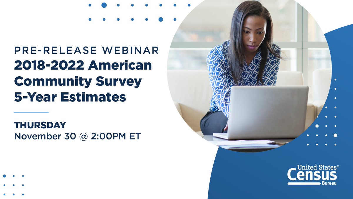 🔊 #WebinarAlert! Join our Thursday #webinar at 2PM and learn how to access #ACSdata and online resources from the upcoming release of 2018-2022 #AmericanCommunitySurvey 5-year estimates. ➡️ census.gov/data/academy/w…