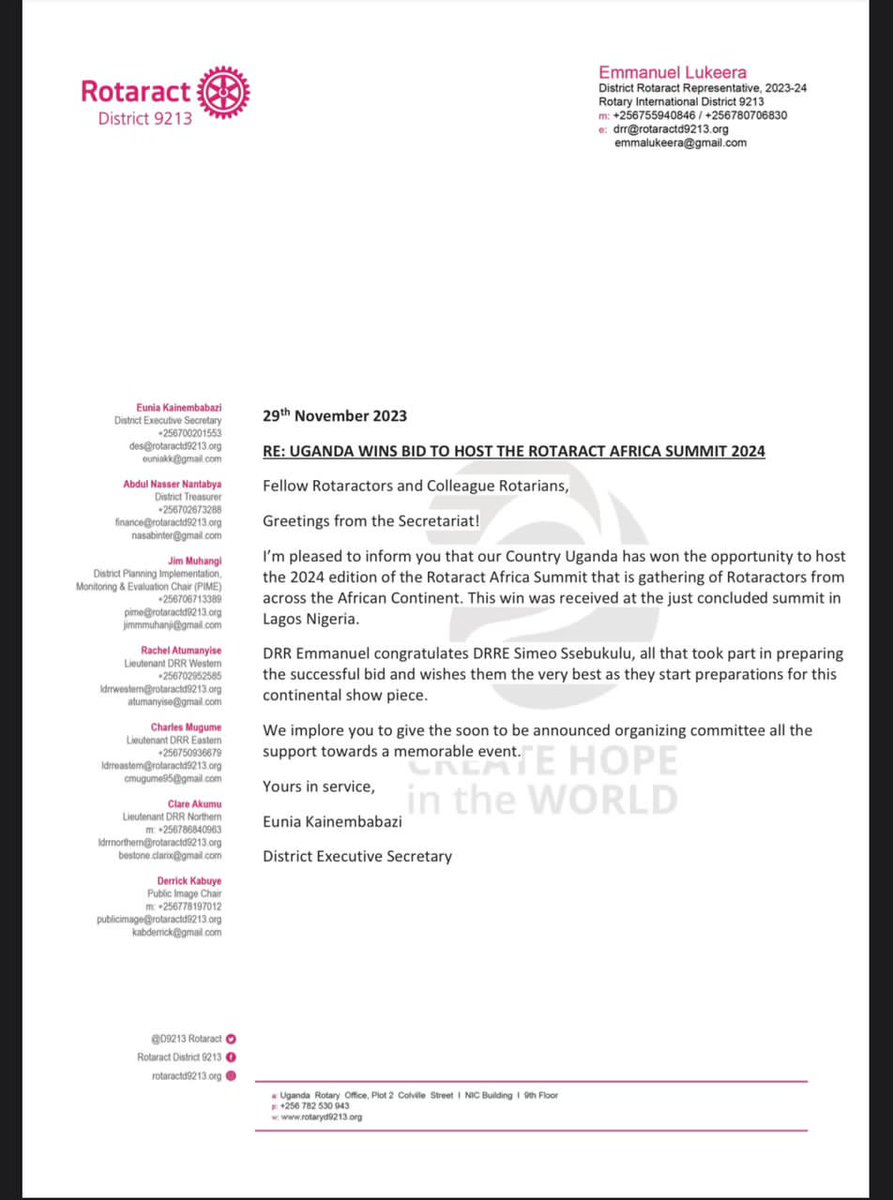 rotaryd9214's tweet photo. Rotaract Uganda Wins bid to host the 2024 edition of the Rotaract Africa summit. 

The announcement was made at the just concluded Africa Rotaract summit in Lagos, Nigeria. 

Congratulations to Rotaract Uganda.

We anticipate a memorable event.

#CreateHopeInTheWorld https://t.co/02bJ03q4Gp