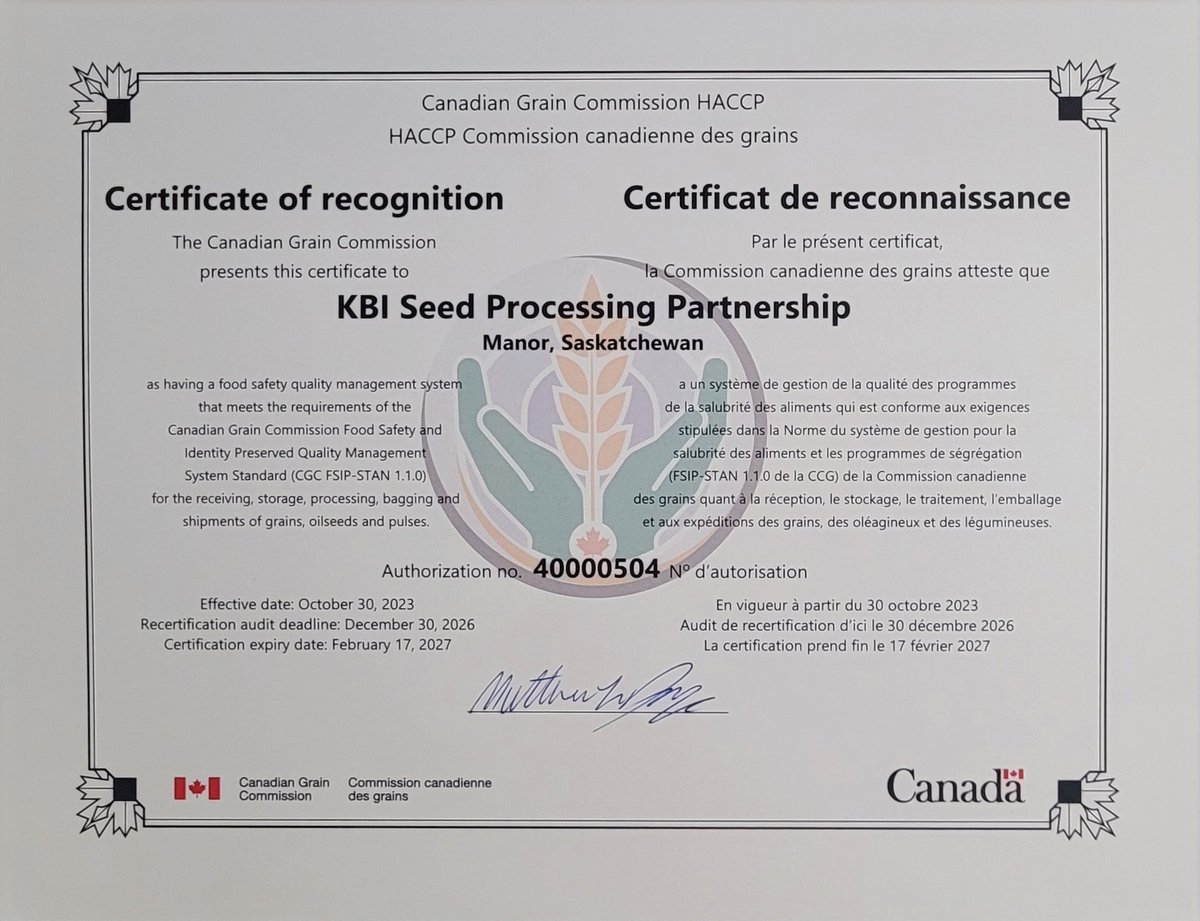 KBIprocessing's tweet image. Proudly, we now hold a GFSI (Global Food Safety Initiative) equivalent certification. Looking forward to the future as we continue to work with growers to process and clean their cereal grains, oilseeds and pulses for the pet food and human consumption markets.