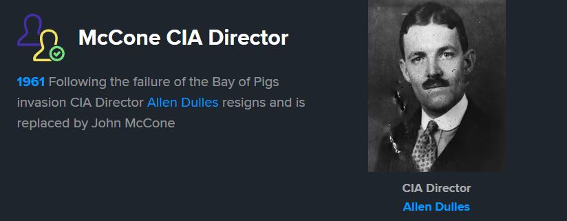 Today in history🔥

Nov 29 1961 After the failure of the #BayofPigs invasion #CIA Director Dulles resigns & is replaced by John #McCone

John McCone was born in #SanFrancisco, CA 

He was the director of the CIA under John F Kennedy. Many believe JFK was assassinated by the CIA👀