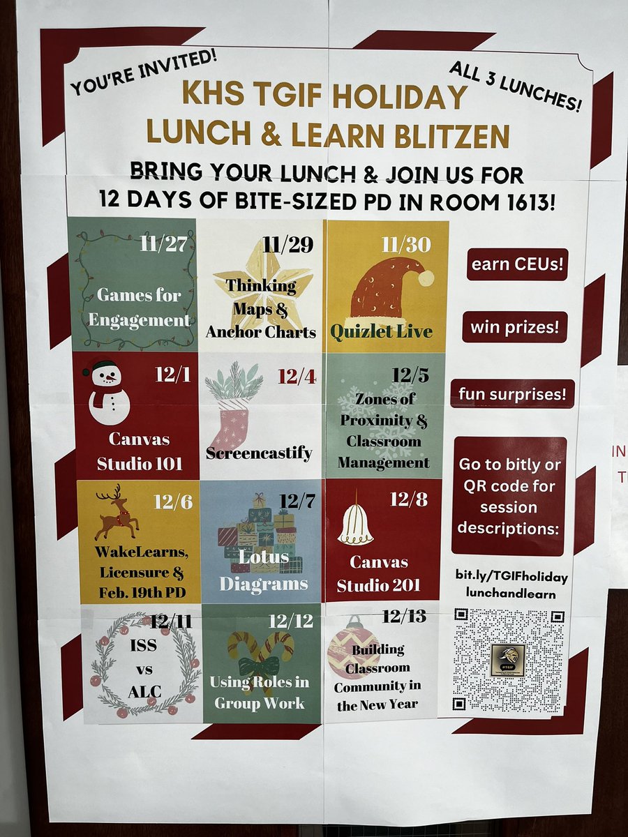 Hey <a href="/KnightdaleHS/">Knightdale High</a>, it’s Day 2 of our TGIF Team’s Holiday Lunch &amp; Learn Blitzen! Today, join our Literacy Coach Ms. Peterson to learn strategies for using Thinking Maps, Anchor Charts, &amp; other graphic organizers. #TGIFBlitzen