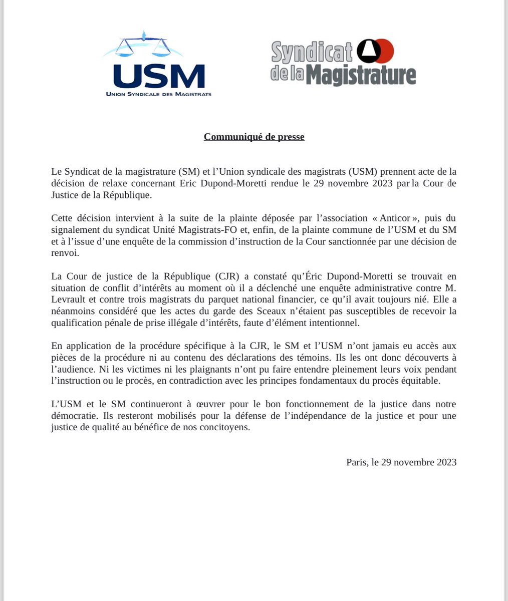 [actu] Délibéré CJR : notre communiqué de presse commun avec <a href="/SMagistrature/">SMagistrature</a> ⬇️