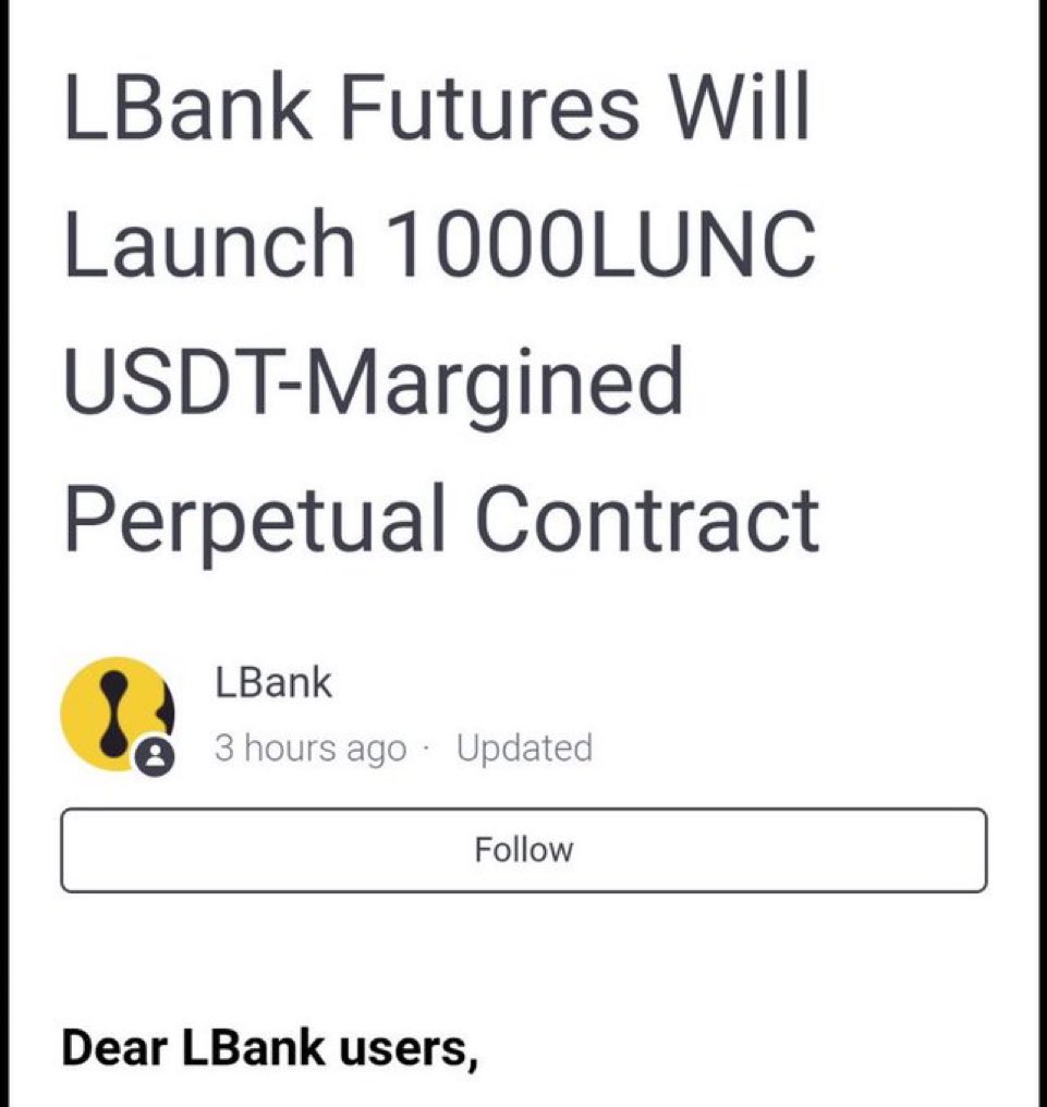 LunaClassicHQ's tweet photo. BREAKING NEWS 

LBank Future will launch 1000LUNC  USTC-Margined perpetual Contract 

Get Ready For #LUNC to $1. https://t.co/4kdyvnxeny