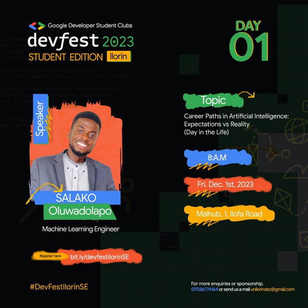 gdgoc_unilorin's tweet photo. Get Your plates ready for a tech buffet at the #DevfestSE23 π₯π₯
We've got Salako Oluwadolapoβ A ML Engineer.
He'll be walking us through 'Career Paths in Artificial Intelligence. Expectations VS Reality (Day in the life)'
It's better you Register now! https://t.co/Rl4xYUSFL8 https://t.co/HV5eY6pOit