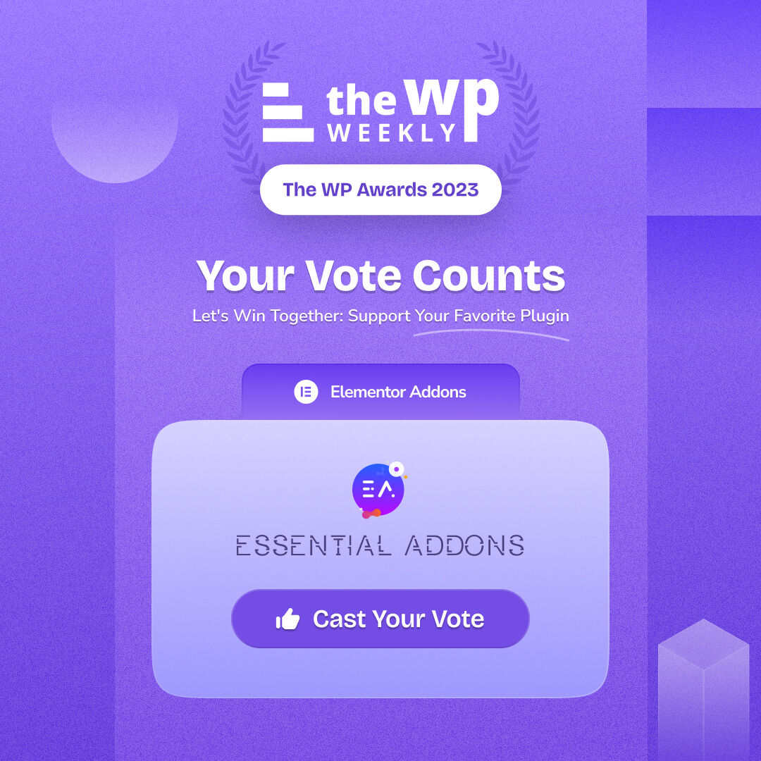 EssentialAddons's tweet image. 🏆 NOMINATED AS THE BEST ELEMENTOR ADDONS 🏆

Your favorite Essential Addons just got nominated for the prestigious WP Weekly Awards 2023. Show your support &amp;amp; help us reach the top!

⏰ Voting ends: 30th December&apos;22
🗳️ Vote: thewpweekly.com/awards/

 #EssentialAddons