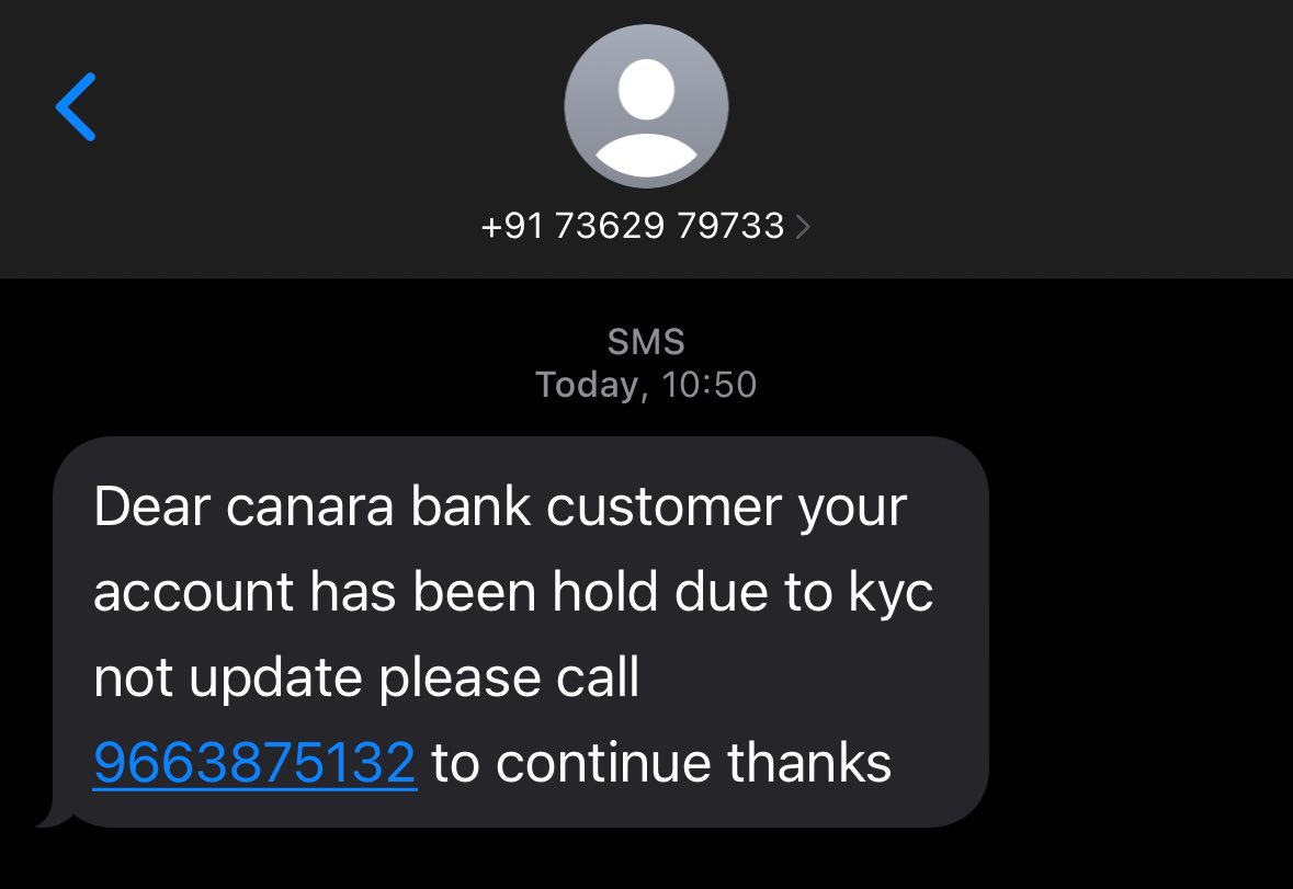Sanjeev_ping's tweet photo. @Cyberdost Received this SMS from unknown number. I don’t have Canara Bank account. Intention is very clear. Please investigate two mobile number mentioned in the screen capture. 
#CyberSecurity https://t.co/Xo9Rsq9wr2