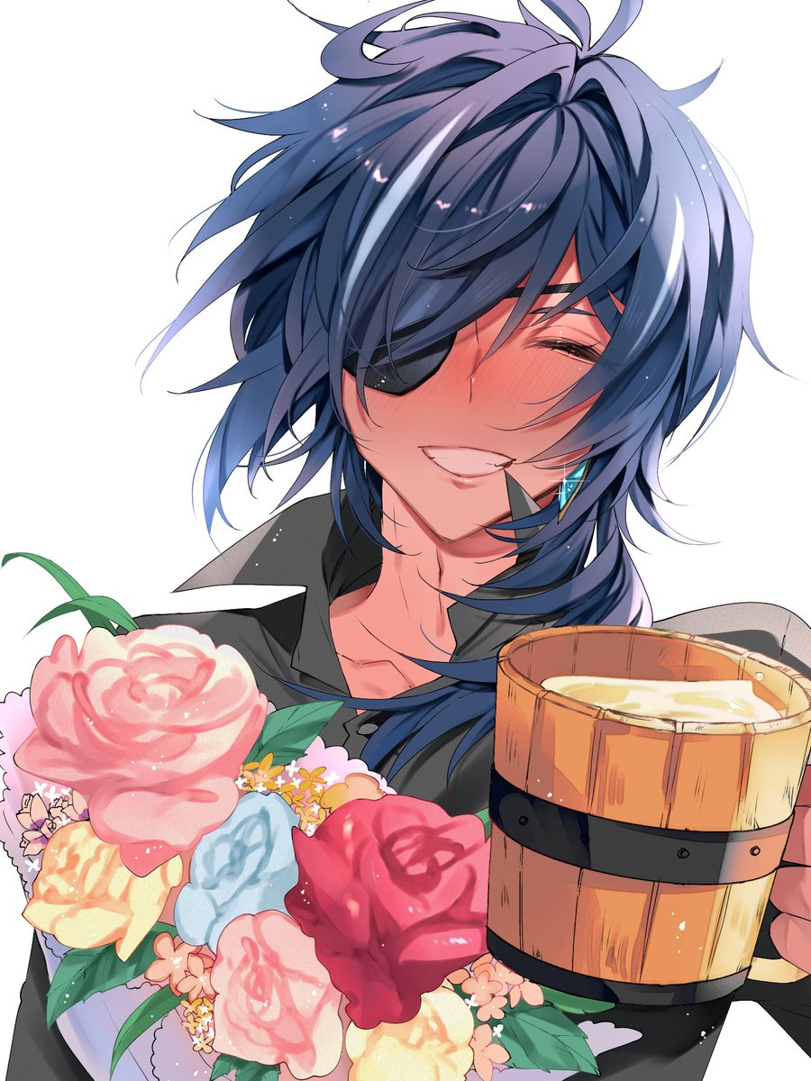 kaeya (genshin impact) eyepatch 1boy male focus flower blue hair holding beer mug  illustration images