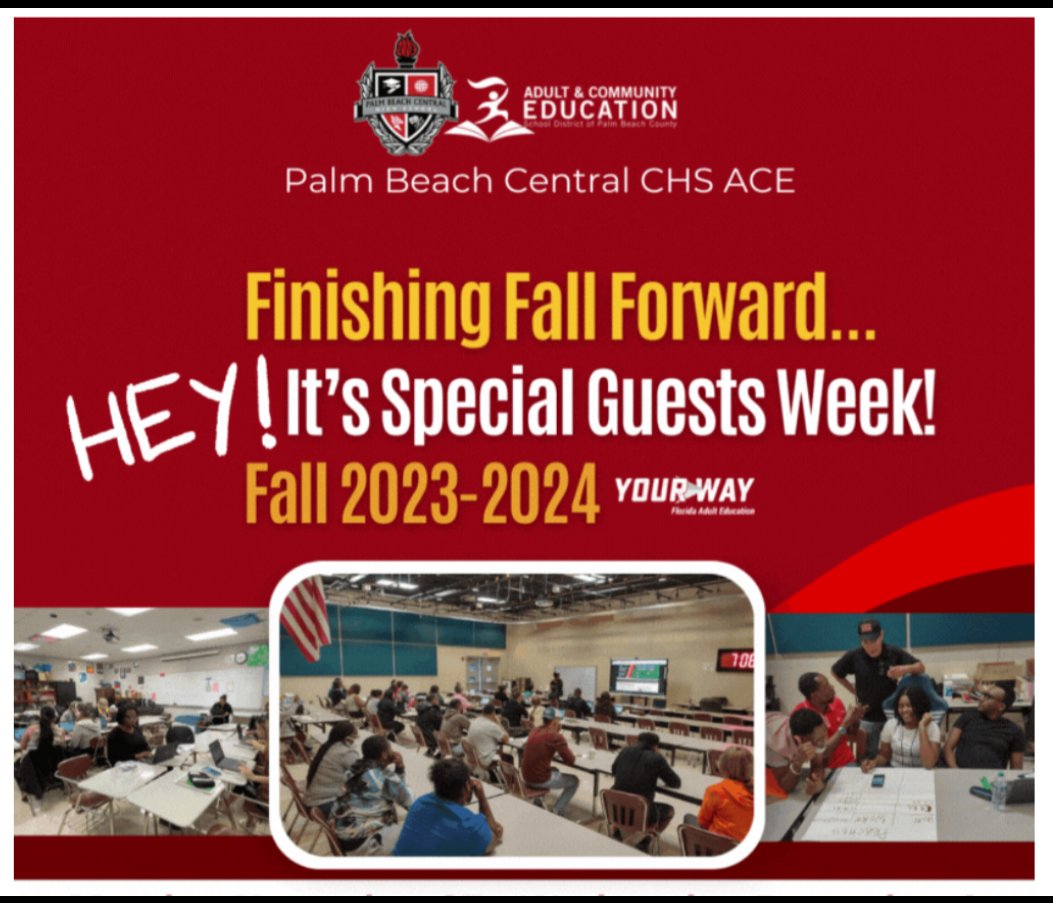 Thank you Monday guest, Coach Fevry and Tuesday guest, Career Navigator Mrs A, for two days of great information. 

 #SpecialGuestsWeek continues tonight. Students, be there or be square!
#FlourishingFallForward <a href="/LeslyTHernandez/">Lesly Hernandez</a> <a href="/barch_fred/">Fred Barch</a> <a href="/PBCentral_Princ/">Principal Myers</a> #AdultEdMatters