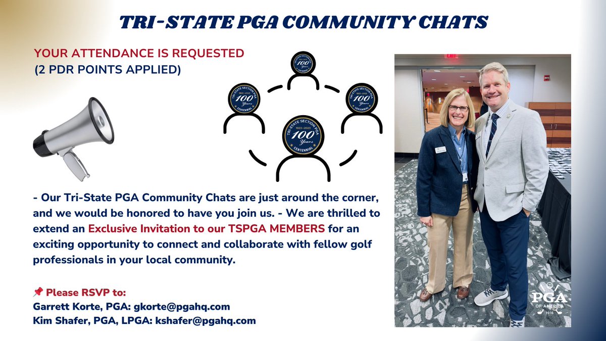 Calling all Tri-State PGA Members 📢 
- December 5th is our first TSPGA Community Chats session with/ Garrett Korte, PGA, and Kim Shafer, PGA, LPGA. 

Your Attendance is requested. 💪🏼💯 

👀 Learn More/View Schedule: tristate.pga.com/2023/11/29/com…