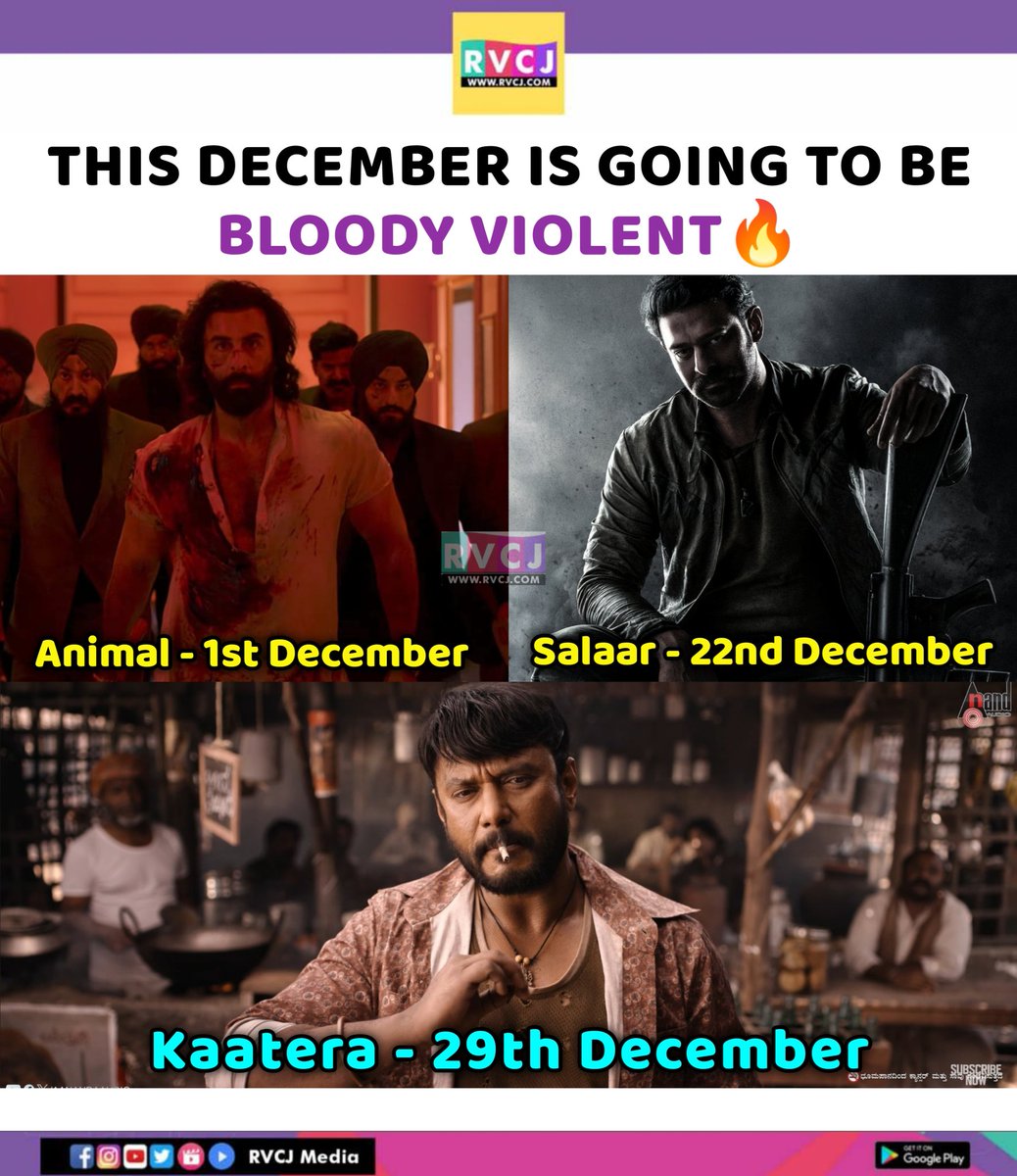 Bloody Violent December🔥🥁
#AnimalTheFilm #Salaar #Kaatera #RanbirKapoor #Prabhas #Darshan #DBoss𓃰 #KaateraUpdate #KaateraStormFromDec29 #SalaarTrailerOnDec1st #SalaarCeaseFire #RvcjKannada