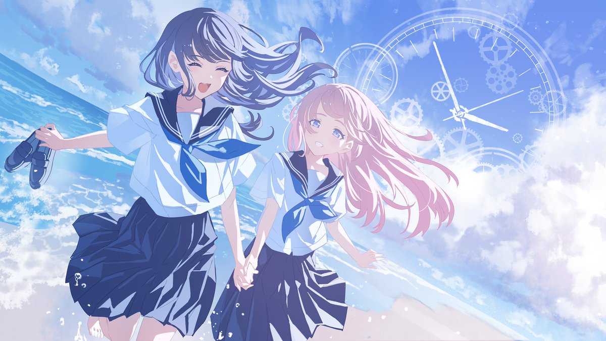 multiple girls 2girls skirt long hair school uniform holding hands sky  illustration images