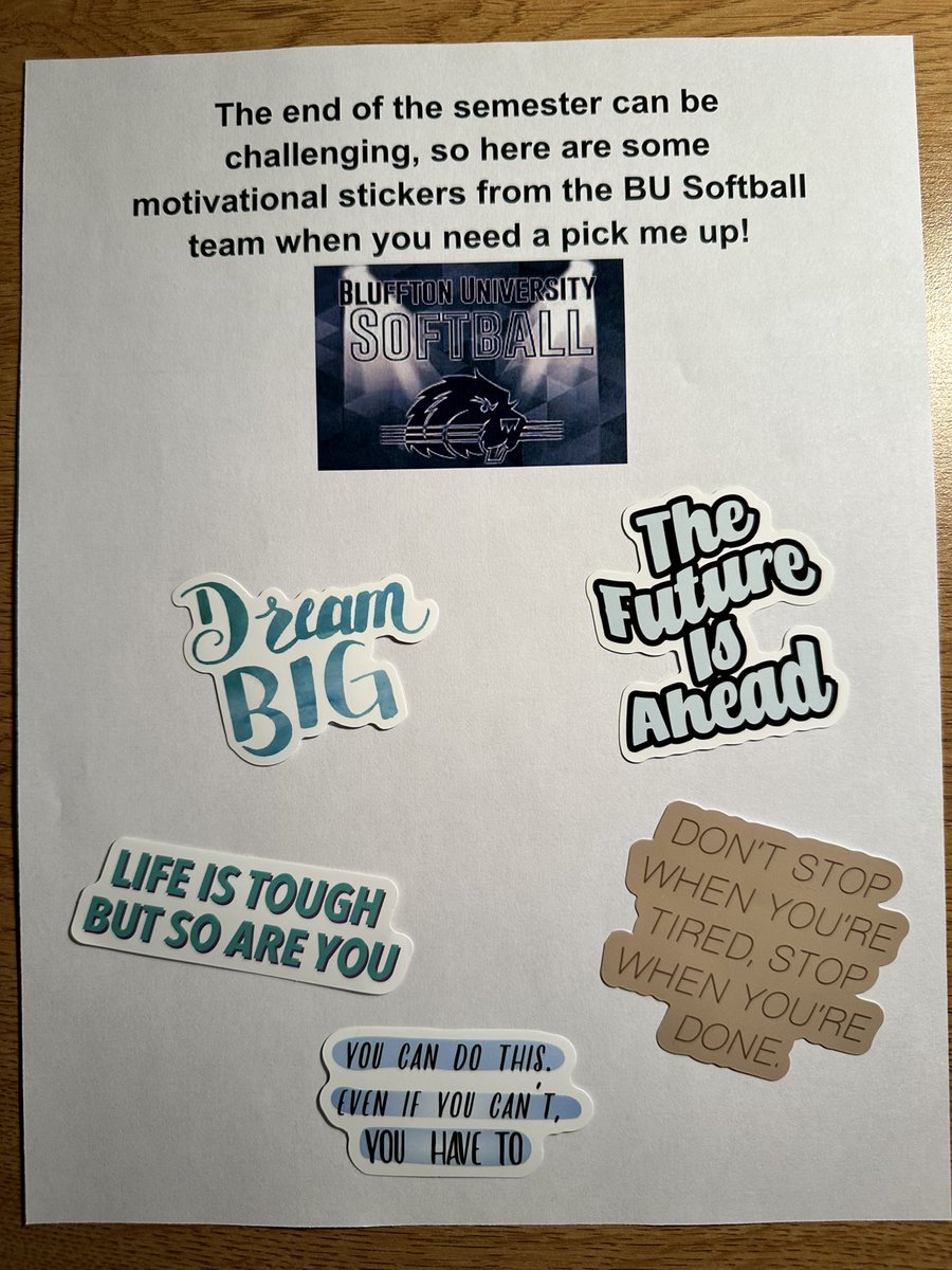 BlufftonSB's tweet photo. Day 25: Getting towards the end of a semester can be tough…Emily wanted to show some encouragement, so she got some motivational stickers and made signs for the ladies on her floor!!!🦫🤍 https://t.co/ihns84ogWY
