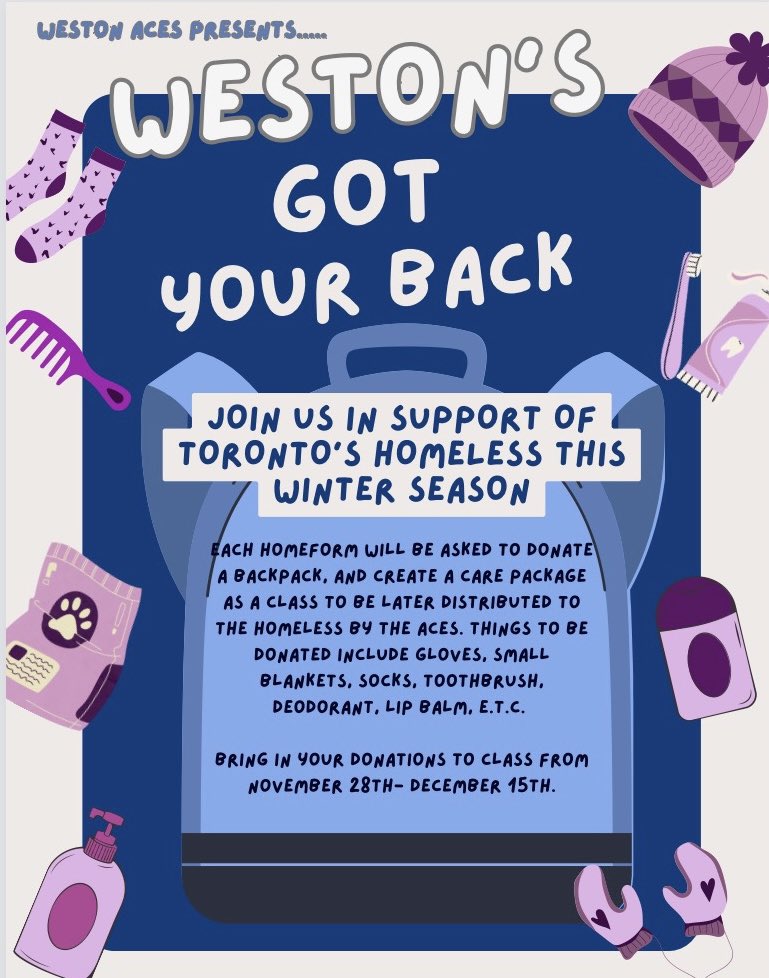 WestonCI's tweet image. The #WestonACEs are collecting donations in each home room class starting now until Dec. 15th #HelpingTheHomeless #PayItForward ⁦@TDSB_MHWB⁩ ⁦@Rosanna_Deo⁩ ⁦@PaulCaramida⁩ ⁦@kwamelennon⁩