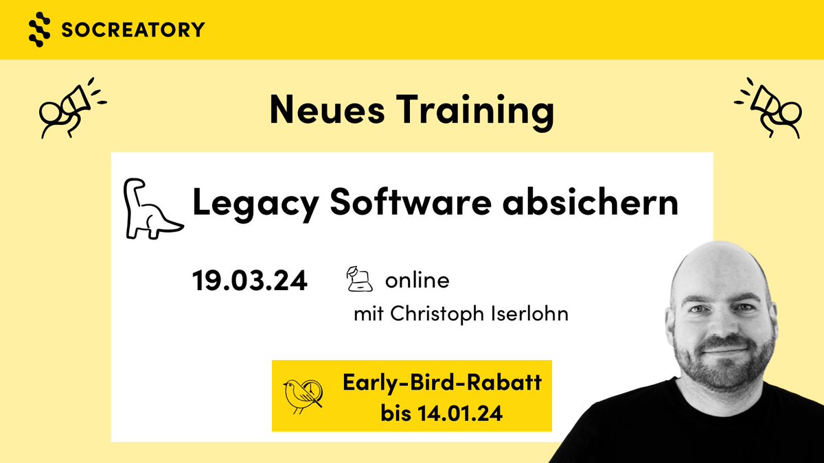 🔐Heute (30.11.23) ist der internationale Tag der Computersicherheit. Zu diesem Anlass haben wir etwas ganz besonderes für euch: ein neues Training!

🦕 Legacy Software absichern von und mit Christoph Iserlohn.
👉 socreatory.com/de/trainings/l…

#softwarearchitektur #legacy #security