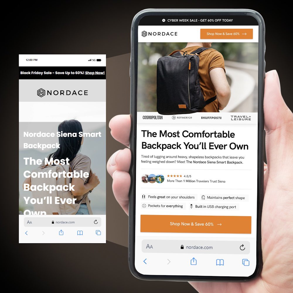🚨 REDESIGN 🚨

Here's how I'd transform Nordace's landing page for their Siena backpack...

✅ Optimised above the fold
✅ Improved design, copy
✅ Added social proof

The result 👇