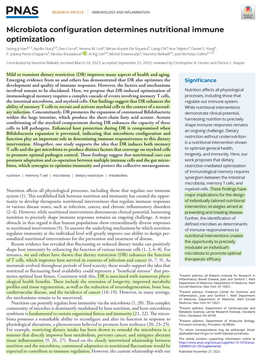 How does dietary restriction enhance our immune response? Implicating the interplay between the gut microbiome and memory T cells in an experimental model
pnas.org/doi/abs/10.107… <a href="/PNASNews/">PNASNews</a> <a href="/SeongJiHan/">Seong-Ji Han</a> <a href="/Nick_Collins11/">Nick Collins</a> <a href="/BelkaidLab/">Belkaid Lab</a>