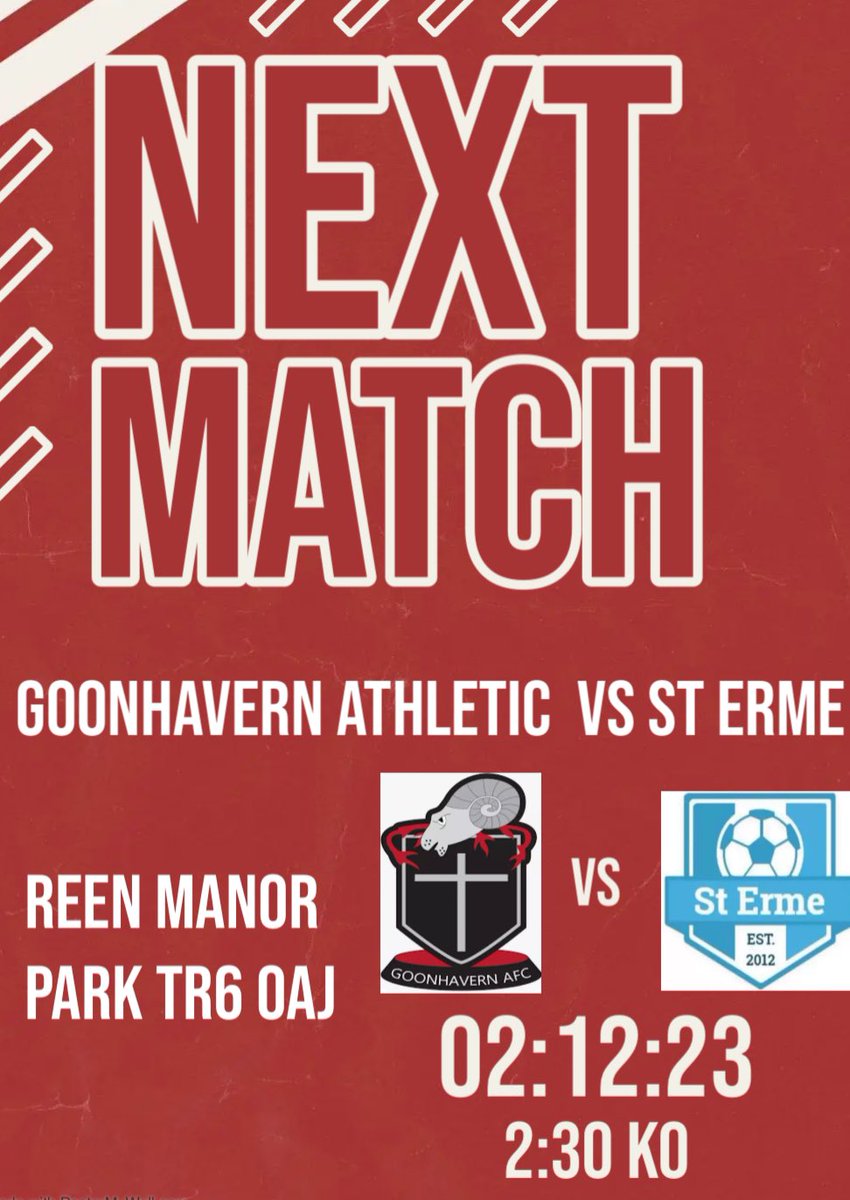 Next Match 
🆚<a href="/GoonhavernAFC/">Goonhavern AFC</a> 
🗓️Saturday 2nd December 2:30 PM 
🏆St Piran League Division 3 (West)
🏟️Reen Manor Park TR6 OAJ

The Saints will travel to Goonhavern at the weekend and will be looking to go back to winnings ways after a bad run of results.