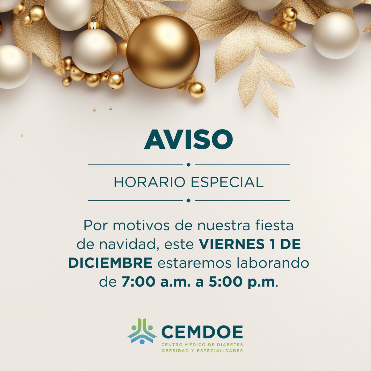 𝗘𝘀𝘁𝗲 𝘃𝗶𝗲𝗿𝗻𝗲𝘀 𝟭 𝗱𝗲 𝗱𝗶𝗰𝗶𝗲𝗺𝗯𝗿𝗲, por motivo de nuestra fiesta de navidad estaremos laborando de 7:00 a.m. a 5:00 p.m., ofrecemos disculpas por los inconvenientes que esto le pueda causar.

El sábado 2 de diciembre retomamos nuestro horario habitual.