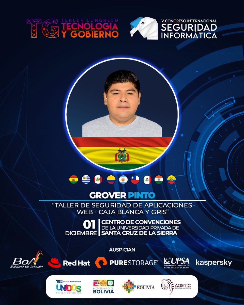 AgeticBolivia's tweet photo. ✨ ¡Prepárate para una jornada llena de conocimiento y aprendizaje! Grover Pinto y Gustavo Marconi, reconocidos expertos nacionales, compartirán sus valiosos conocimientos en #SeguridadInformática y #TecnologíaYGobierno, ¡No te lo pierdas!

#CIDSI #TyG 2023 #Congresos #AGETIC https://t.co/N9z6SUgJ3U