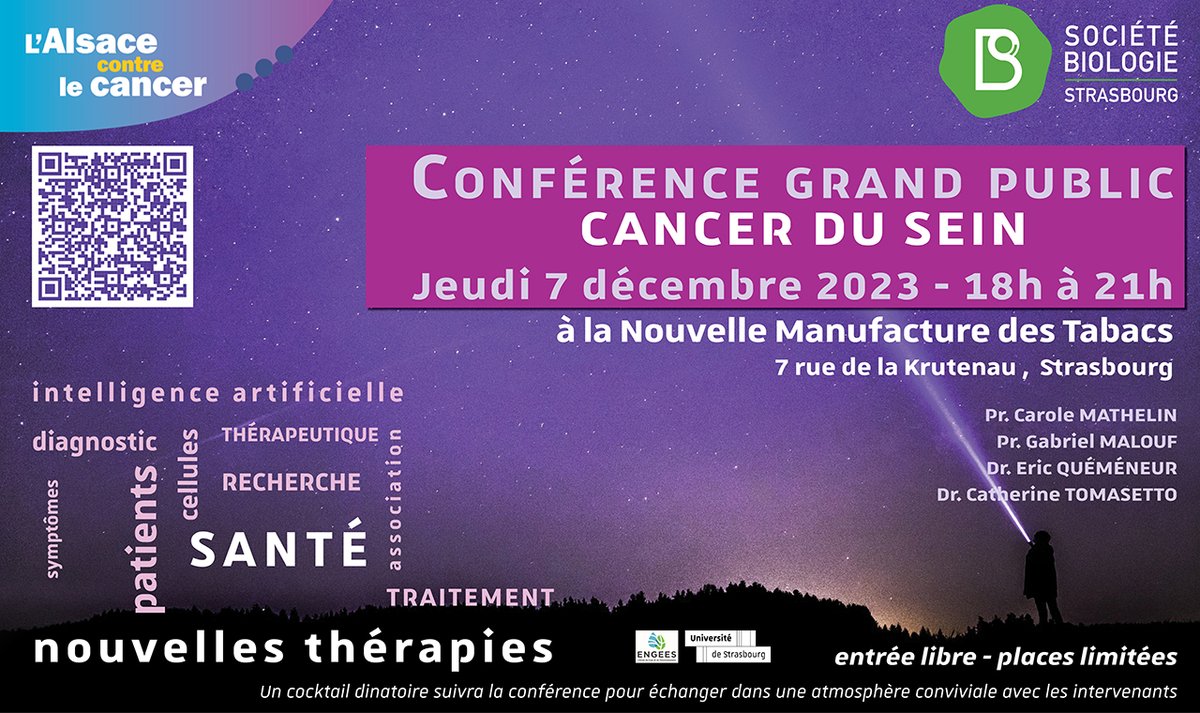 Avec l’Alsace Contre le Cancer, nous vous invitent à participer à la conférence grand public : Cancer du Sein : quelles thérapies pour le futur ? Des points de vue croisés de médecins, chercheurs et industriels suivi d'un cocktail dinatoire d’échange avec les intervenants.