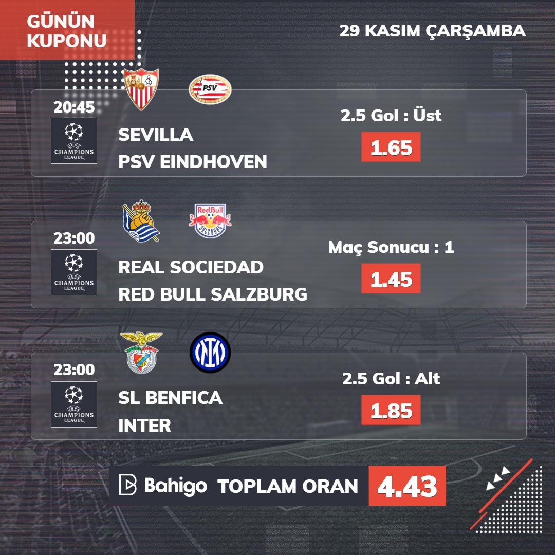 UEFA Şampiyonlar Ligi'nde birbirinden çekişmeli maçlar sizleri bekliyor. Hemen kupon yaparak kazancınızı katlayın!

#Bahigo #ChampionsLeague