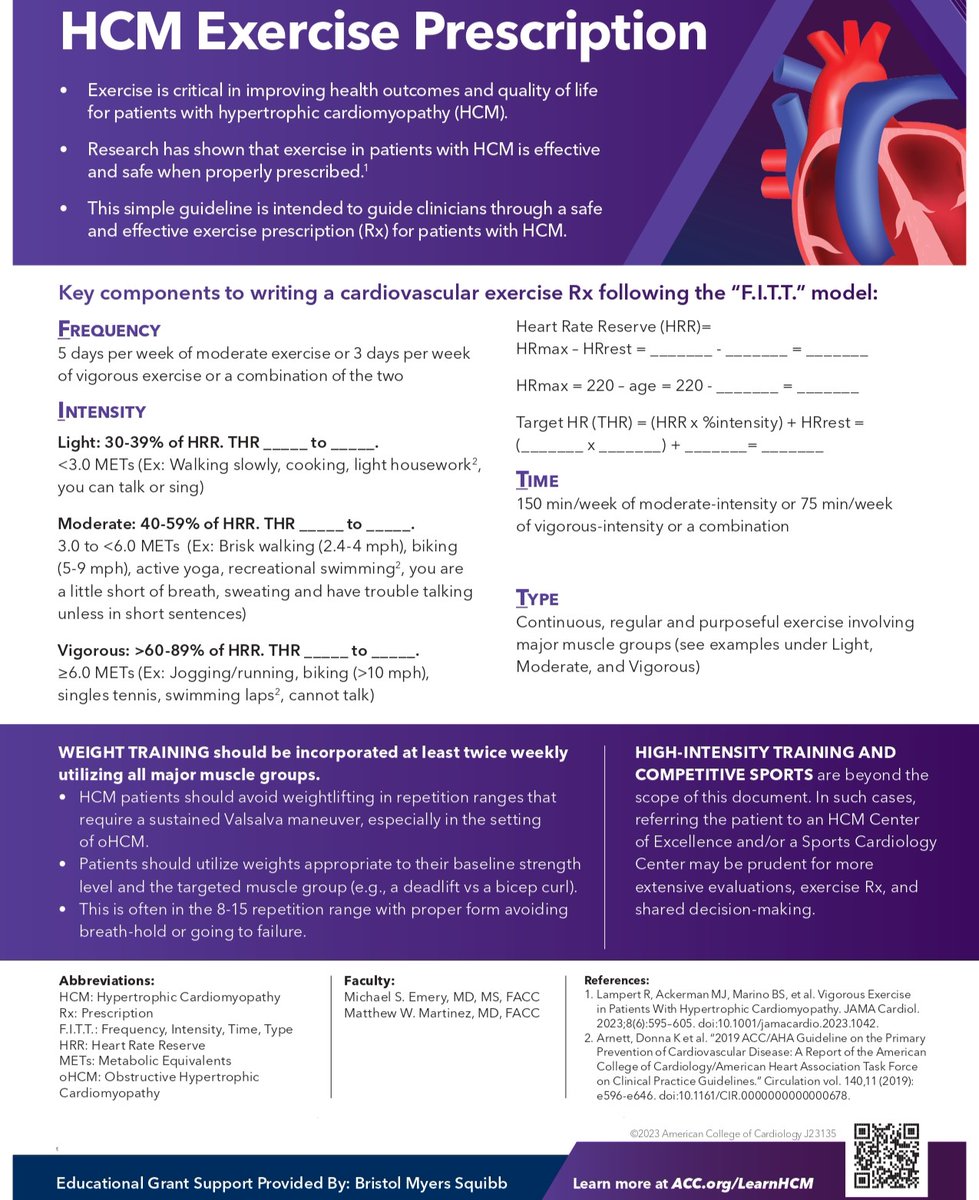 A safe & effective exercise prescription for patients with Hypertrophic Cardiomyopathy 
Learn more: bit.ly/41232Io

#ACCEd #CardioTwitter #cardioEd #cardiology
