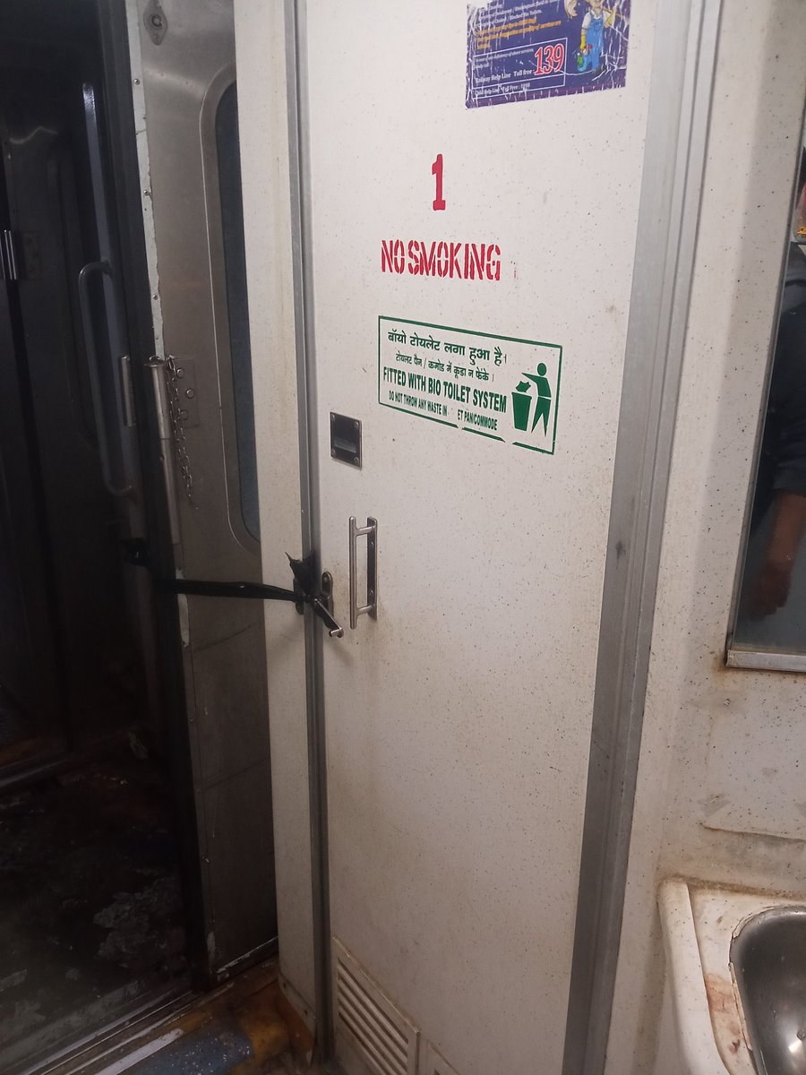 pruthwiknitrkl's tweet photo. @RailwaySeva Till now no action has been taken and only one of the two toilets are working. This is disgusting. There are elders with us. Please take necessary action @PMOIndia @narendramodi. The door to sleeper class is open. https://t.co/qcG4YA96yw