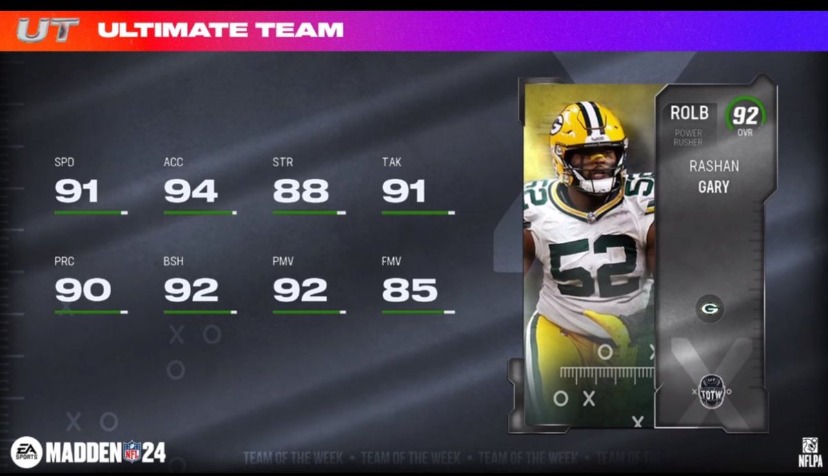 Now this card will play a bit in MUT I’d use him at a DE position and let him cook 👩🏻‍🍳. #GoPackGo #banegary #madden24