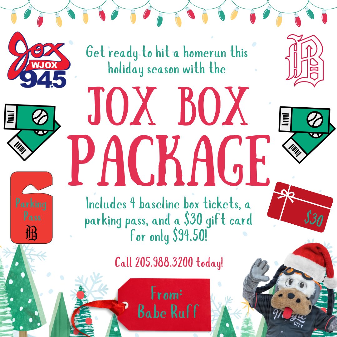 Home runs and holiday fun await! Score big with our Birmingham Barons x @WJOX945 Jox Box! A grand slam deal for festive memories at the ballpark. Batter up for a season of joy! #bhambarons