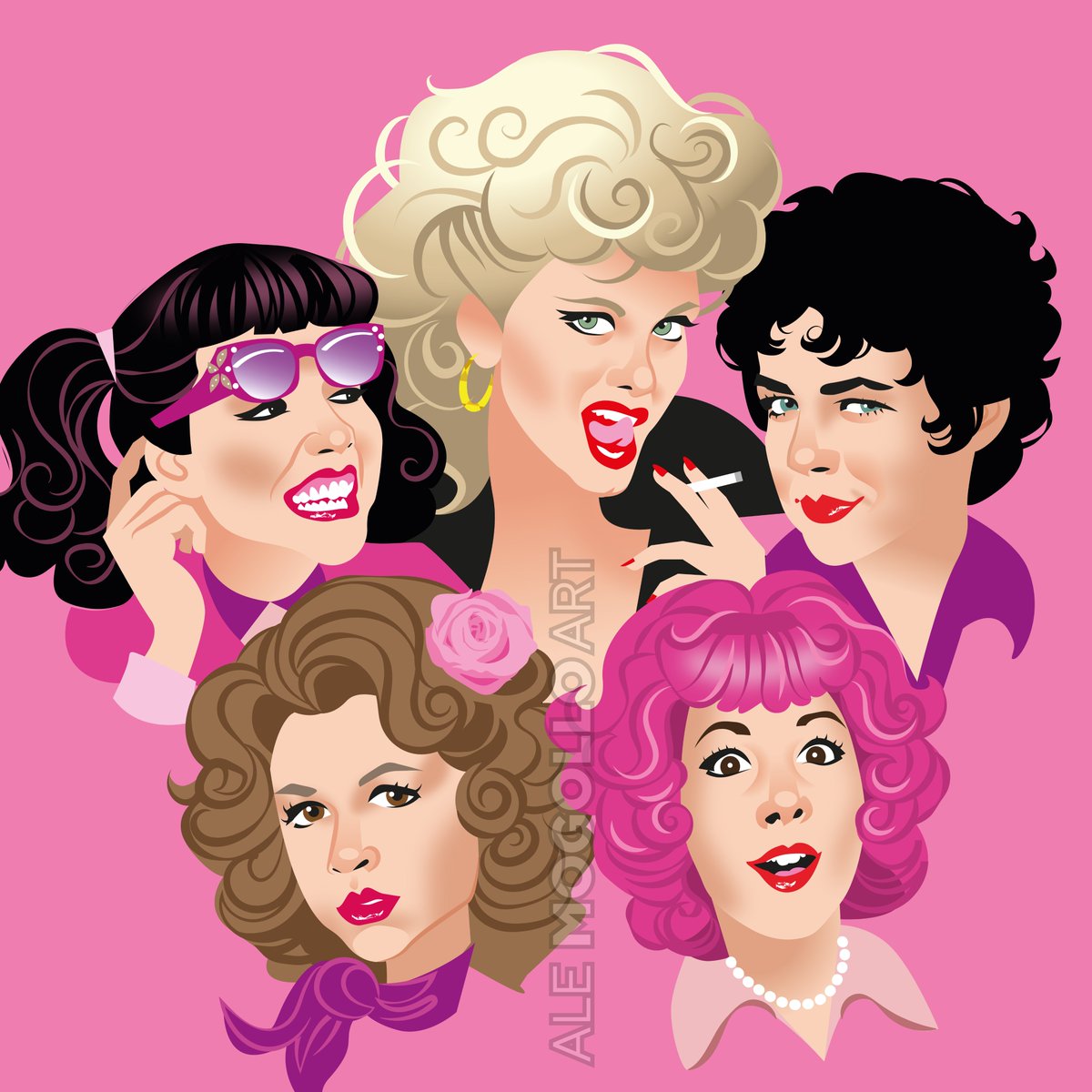 'On Wednesdays we wear pink” 💕
#grease #olivianewtonjohn #sandy #rizzo #tellmeaboutitstud #Grease45 #pinkladies #alejandromogolloart #TCMParty #FilmTwitter
