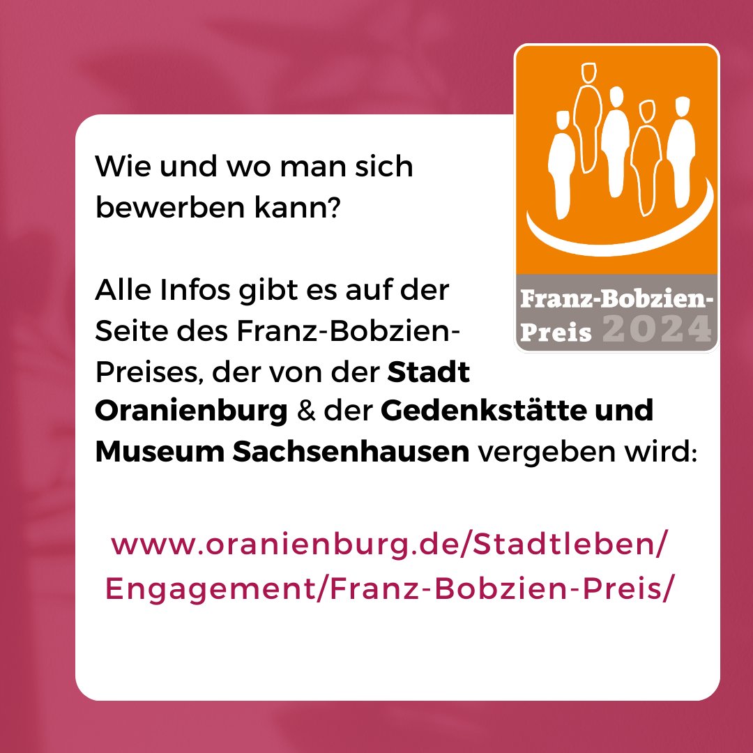 Franz-Bobzien-Preis 2024: Preisgeld für Erinnerungs- und Demokratrieprojekte ausgelobt. Brandenburger & Berliner Vereine, Initiativen, Schulen, Einzelpersonen oder sonstige Gruppen und Einrichtungen können sich noch bis zum 15.12.2023 hier bewerben: oranienburg.de/Stadtleben/Eng…