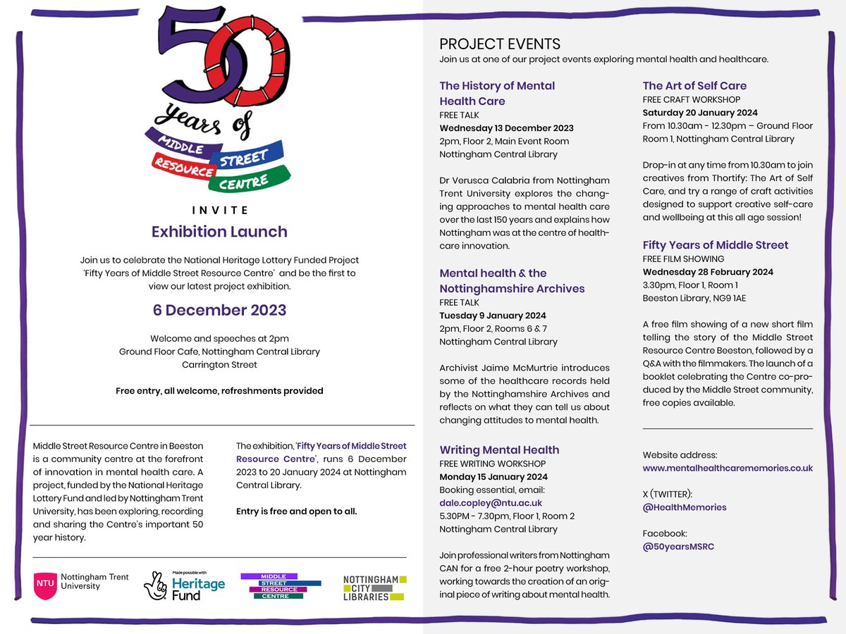 The exhibition &amp; events about the project I lead open to the public next week. 🥳It celebrates 50 years of Middle Street Resource Centre's heritage, a mental health day centre in Nottingham. <a href="/HealthMemories/">Mental Health Care Memories</a> <a href="/NTUresearch/">NTU Research</a> #oralhistory #mentalhealth 👇👇tinyurl.com/33hh9r32