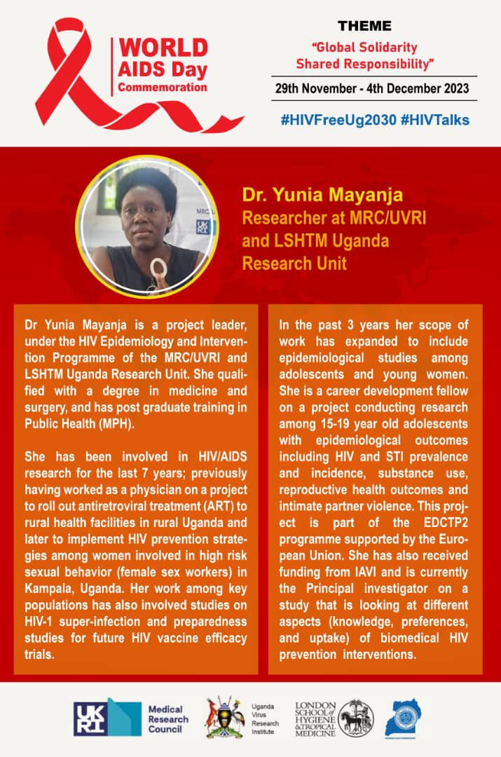 nuwatwijuka's tweet photo. Dr Yunia Mayanja is a project leader, under the HIV Epidemiology and Intervention Programme of the @MRC_Uganda & @LSHTM Uganda Research Unit.
#HIVFreeUg2030 #HIVTalks @MinofHealthUG @UNAIDS @UVRI_IAVI @IAVI https://t.co/UPxPnwIFMo