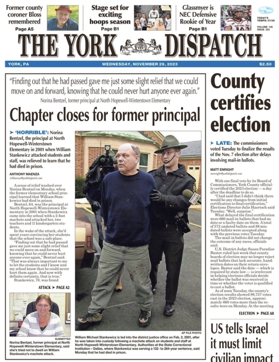 Wallace McKelvey (@wjmckelvey) on Twitter photo Pick up today's <a href="/YorkDispatch/">York Dispatch</a> for great reporting from <a href="/atmaenza/">Anthony Maenza</a> on a principal's memories of a 2001 machete attack; <a href="/aimee_TYD/">Aimee Ambrose</a> on the death of former coroner Barry Bloss and so much more.
Online here: yorkdispatch.com/story/news/cri…
And here: yorkdispatch.com/story/news/loc… Pick up today's <a href="/YorkDispatch/">York Dispatch</a> for great reporting from <a href="/atmaenza/">Anthony Maenza</a> on a principal's memories of a 2001 machete attack; <a href="/aimee_TYD/">Aimee Ambrose</a> on the death of former coroner Barry Bloss and so much more.
Online here: yorkdispatch.com/story/news/cri…
And here: yorkdispatch.com/story/news/loc…