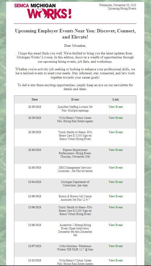 SEMCA_MWA_LIV's tweet image. 🌟 Exciting Events at Michigan Works Livonia! 🌟 Don't miss these opportunities! Visit [conta.cc/3R3lYla] for details and RSVP. See you there! 🎉 #LivoniaEvents #MichiganWorks #Opportunity #LivoniaCommunity