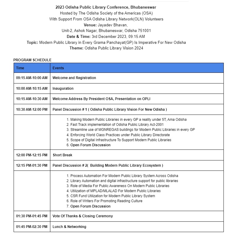 NiraMohapatra's tweet image. #OdishaPublicLibraryVision2024 
Odisha Public Library Conference-2023
Hosted by @OdishaSocietyNA
With Support From #OSA #OdishaLibraryNetwork(#OLN) Volunteers
Venue: Jayadev Bhavan, 
Unit-2,Bhubaneswar, Odisha
Date &amp;amp; Time: 03/12/2023, 09:15 AM
@Lib_Movement_OD @OLA_BBSR