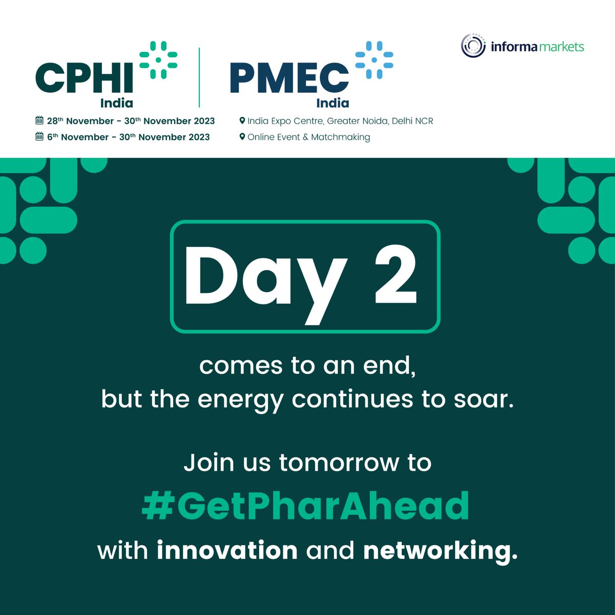 Day 2 closes with a burst of energy! Anticipate more innovation and networking tomorrow as we #GetPharAhead

#Day2 #CPHI2023 #PMEC2023 #PharmaIndustry #Innovation #Collaboration #GetPharAhead #CPHI #PMEC #PharmaCommunity #PharmaInnovation #DelhiNCR #Pharmavisitors #PharmaEvent