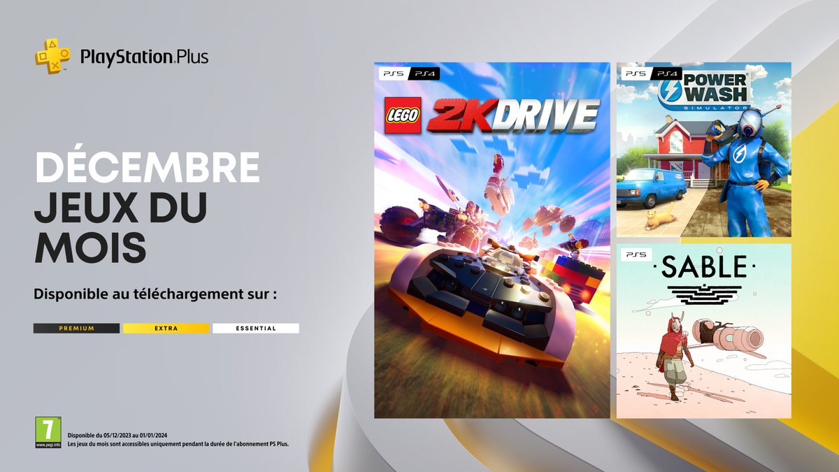 PlayStation France (@playstationfr) on Twitter photo Du 5 décembre au 1er janvier, ajoutez ces jeux mensuels PlayStation Plus à votre bibliothèque :
✚ LEGO 2K Drive
✚ Powerwash Simulator
✚ Sable Du 5 décembre au 1er janvier, ajoutez ces jeux mensuels PlayStation Plus à votre bibliothèque :
✚ LEGO 2K Drive
✚ Powerwash Simulator
✚ Sable